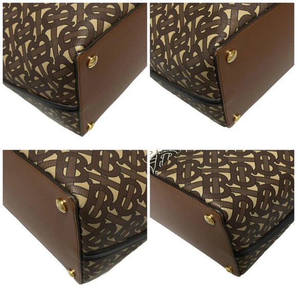 Auth BURBERRY LONDON ENGLAND Canvas Monogram Stripe Belt Tote Beige Dark Brown - Picture 16 of 16